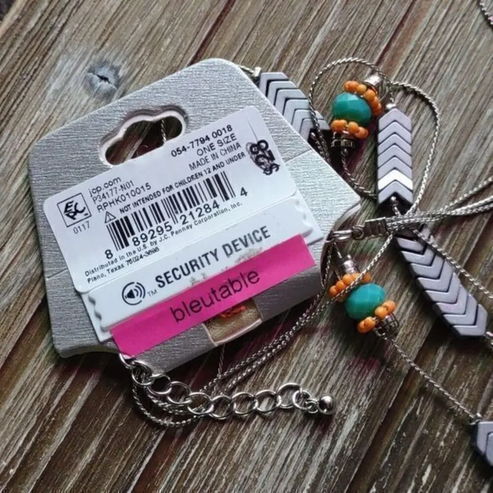 BleuNYC Silver, Torquois and Orange Chevrons and Beads Layered‎ Necklace